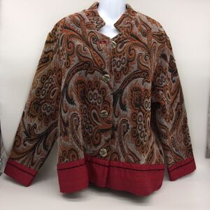 Ivy Tapestry Jacket in Earth Tones w/Red Silk Trim & Decorative Metal Button-M
